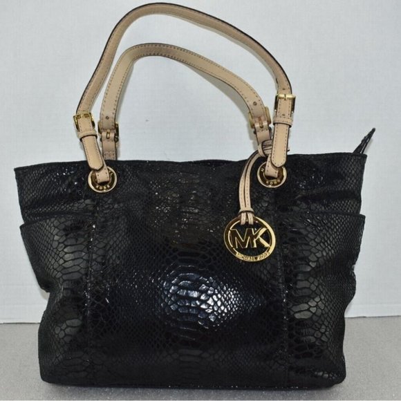 Michael Kors Womens Phyton Black Glossy Leather Patent Snakeskin Shoulder Bag - Picture 1 of 16